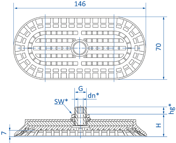 Овальная вакуумная присоска FIPA серии SM-OF 130.145x70.176.1 чертеж
